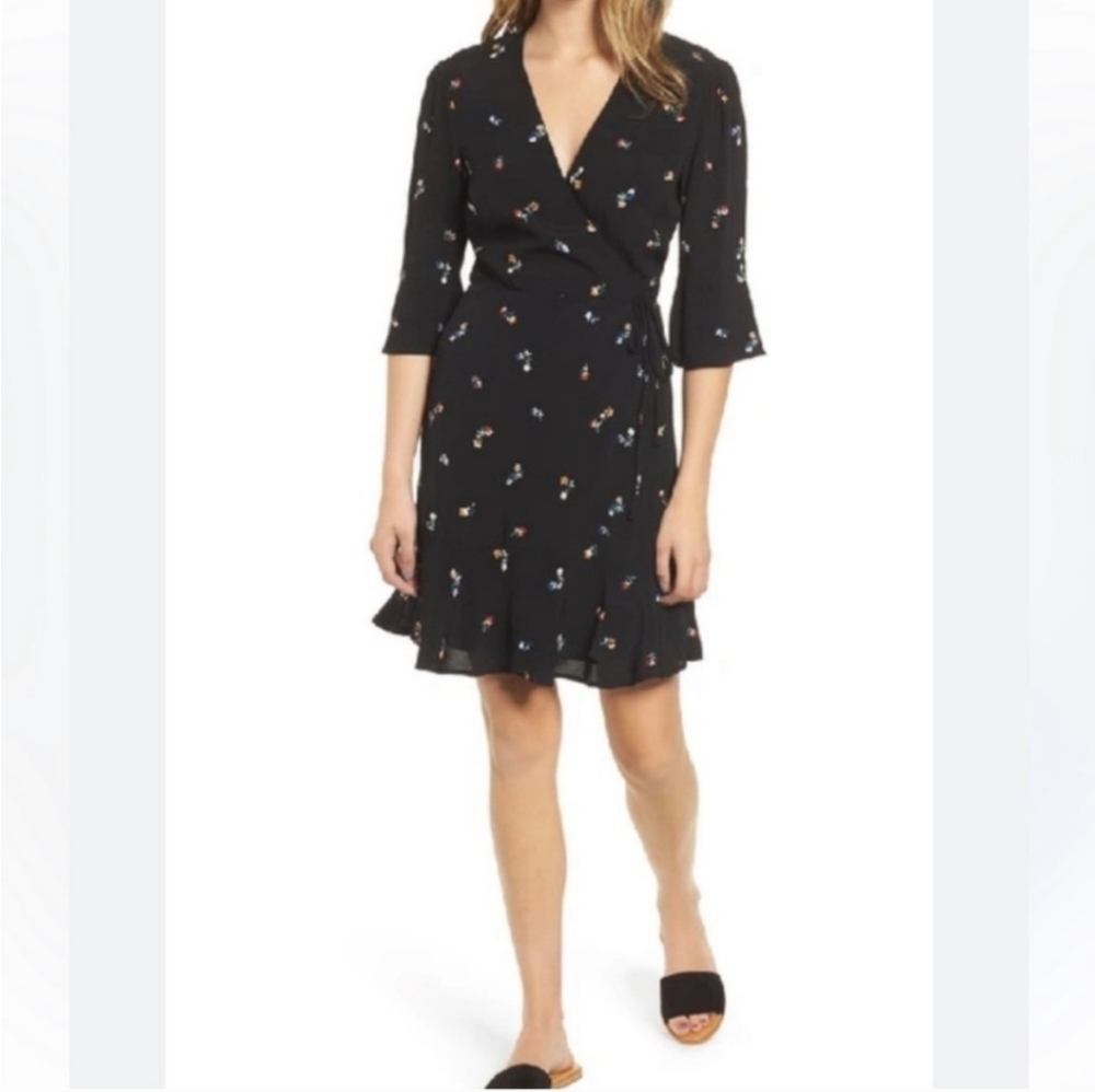 Rails Aimee Wrap Dress 3/4 Sleeve Black Kyoto Floral Medium